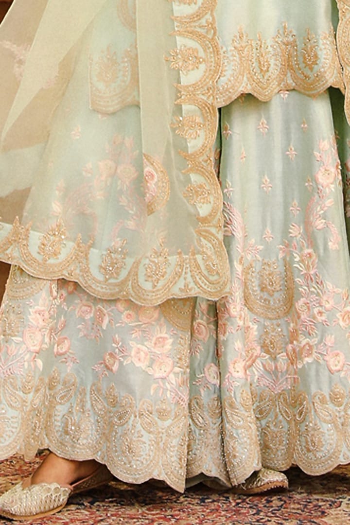 Misty Green Pure Silk Chanderi Jaal Work Bridal Sharara Set by Sheetal Batra at Pernia's Pop Up Shop