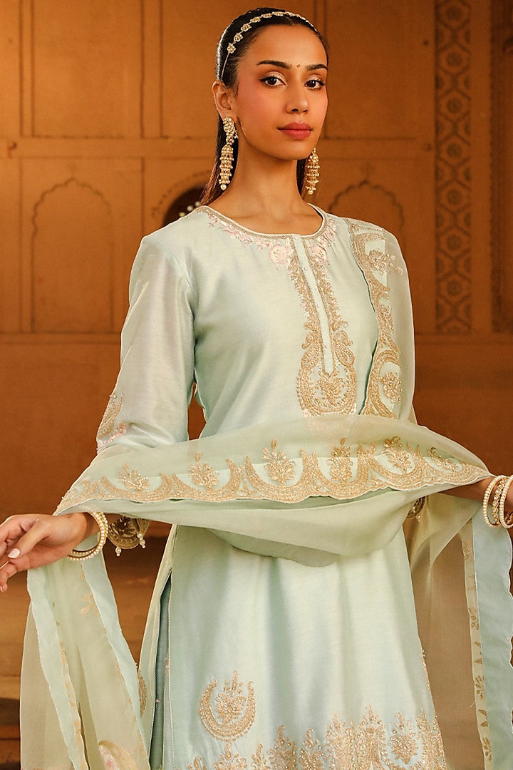 Misty Green Pure Silk Chanderi Jaal Work Bridal Sharara Set by Sheetal Batra at Pernia's Pop Up Shop
