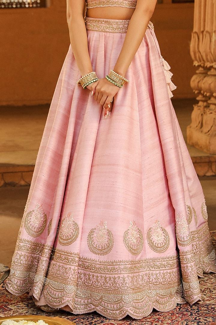Blush Pink Pure Raw Silk Kashmiri Tilla Embroidered Bridal Lehenga Set by Sheetal Batra at Pernia's Pop Up Shop