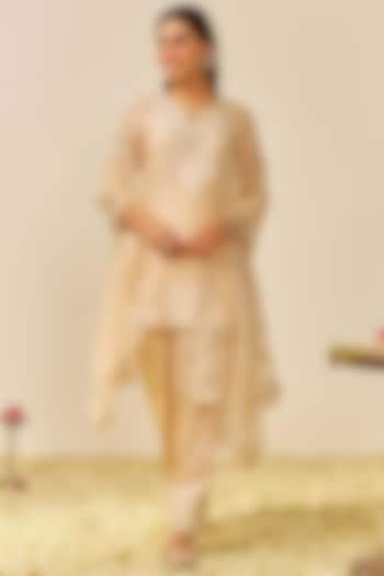 Beige Silk Chanderi Parsi Gara Embroidered A-Line Kurta Set by Sheetal Batra at Pernia's Pop Up Shop