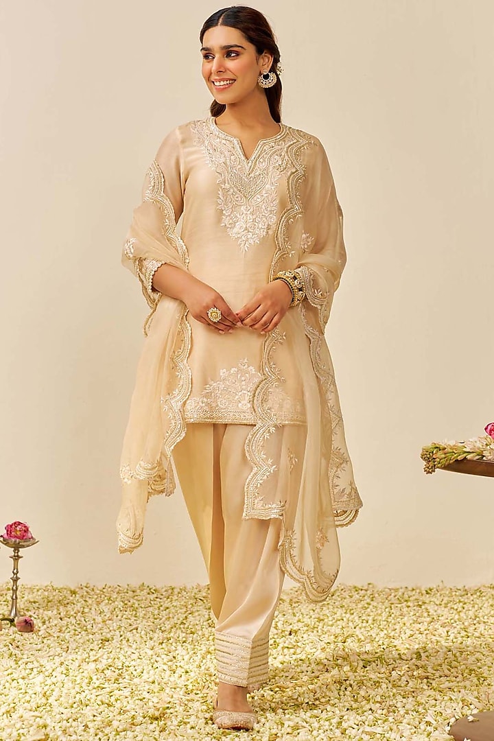 Beige Silk Chanderi Parsi Gara Embroidered A-Line Kurta Set by Sheetal Batra at Pernia's Pop Up Shop