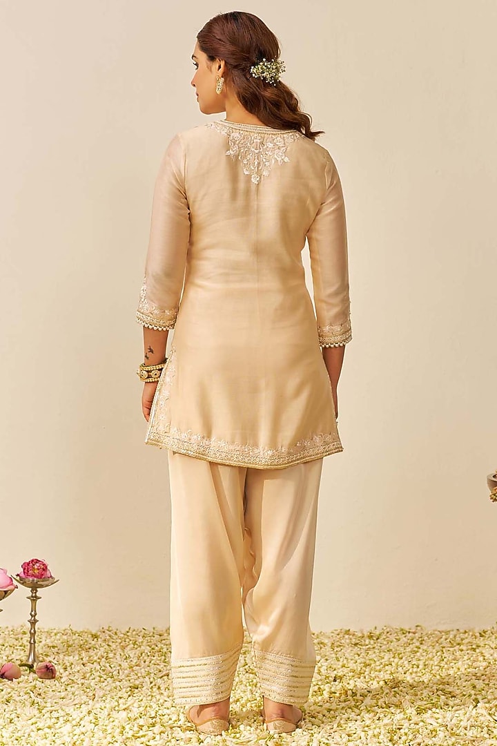 Beige Silk Chanderi Parsi Gara Embroidered A-Line Kurta Set by Sheetal Batra at Pernia's Pop Up Shop