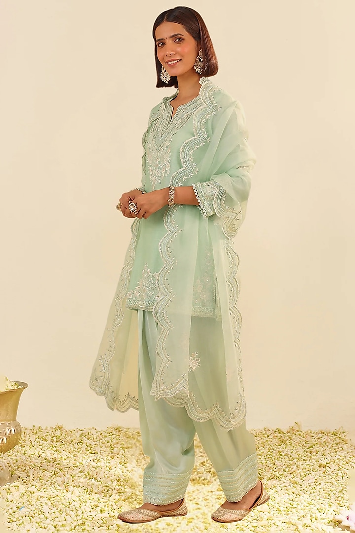 Mint Green Silk Chanderi Parsi Gara Embroidered A-Line Kurta Set by Sheetal Batra at Pernia's Pop Up Shop