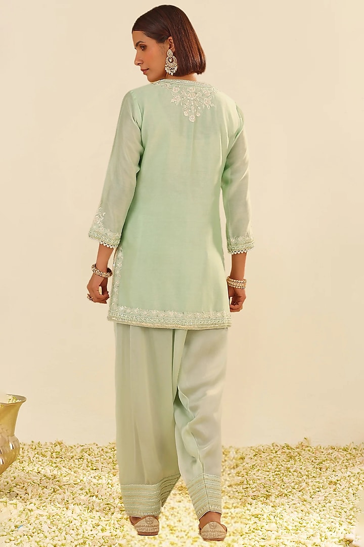 Mint Green Silk Chanderi Parsi Gara Embroidered A-Line Kurta Set by Sheetal Batra at Pernia's Pop Up Shop
