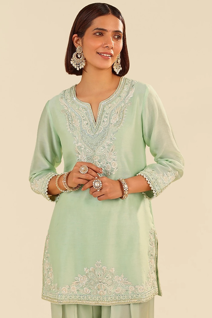 Mint Green Silk Chanderi Parsi Gara Embroidered A-Line Kurta Set by Sheetal Batra at Pernia's Pop Up Shop