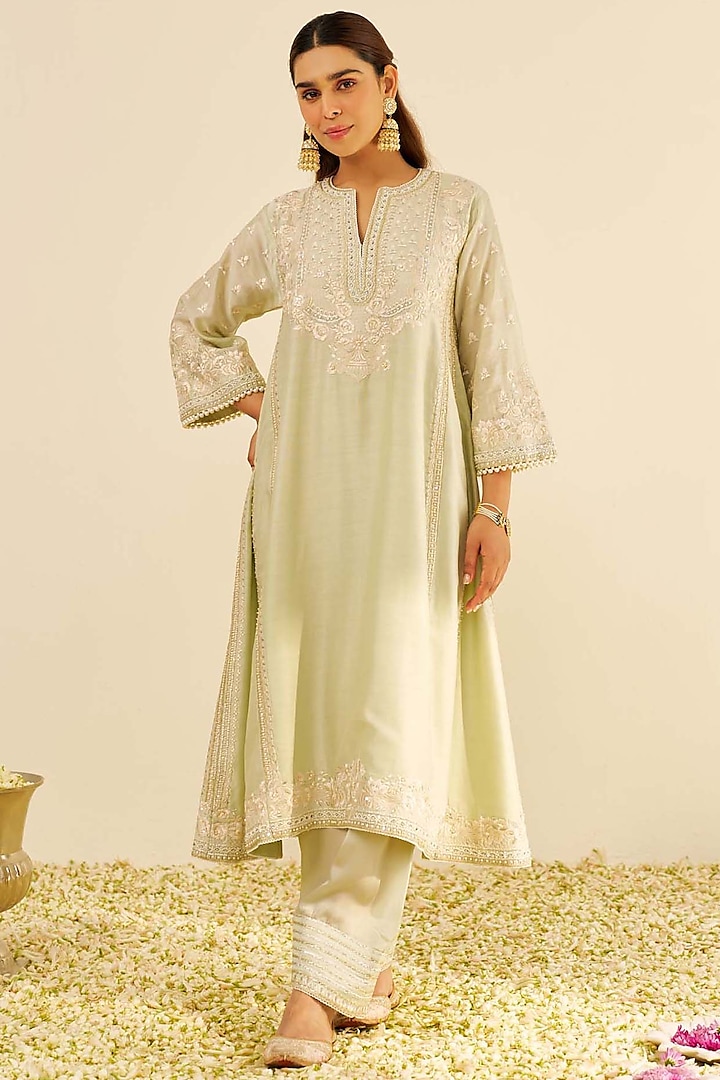 Mint Green Silk Chanderi Parsi Gara Embroidered Choga Kurta Set by Sheetal Batra at Pernia's Pop Up Shop