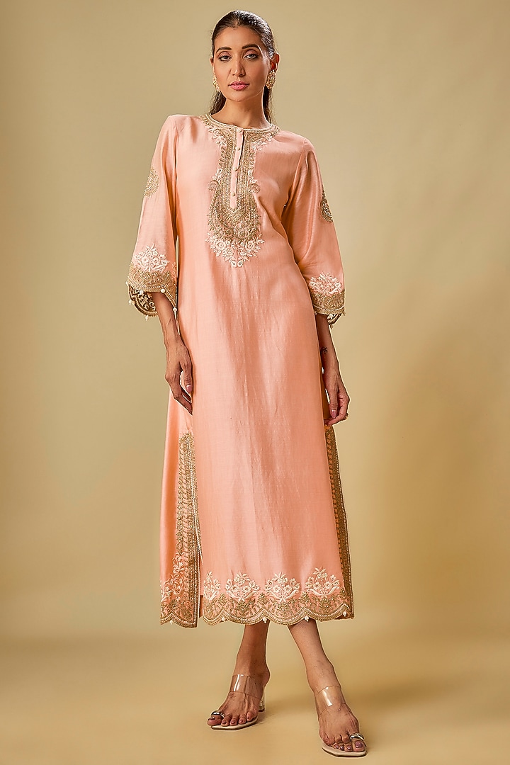 Pink Chanderi Silk Parsi Gara Embroidered Kurta by Sheetal Batra at Pernia's Pop Up Shop