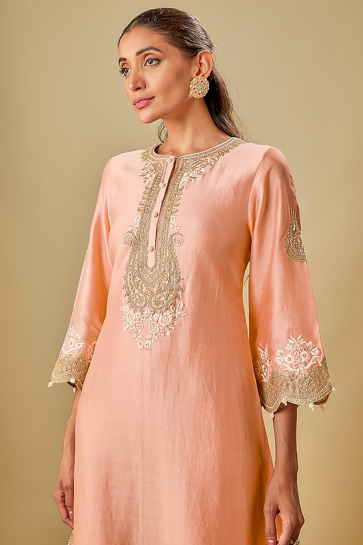 Pink Chanderi Silk Parsi Gara Embroidered Kurta by Sheetal Batra at Pernia's Pop Up Shop