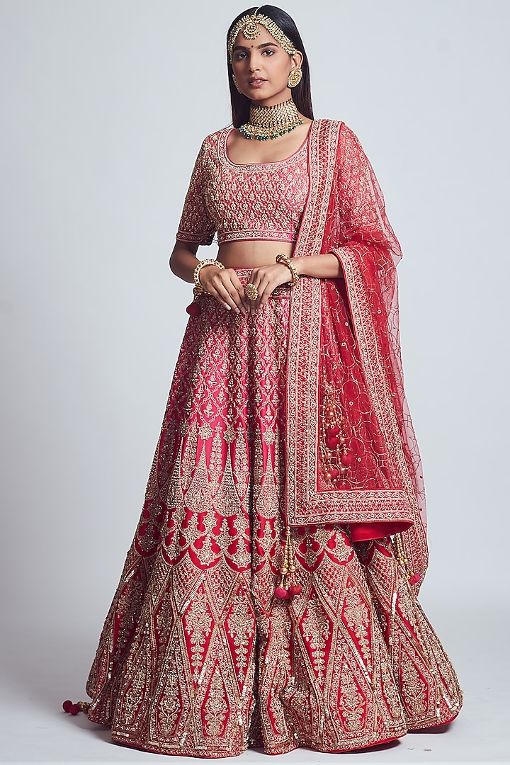 Fuchsia & Red Embroidered Bridal Lehenga Set by Sheetal Batra at Pernia's Pop Up Shop