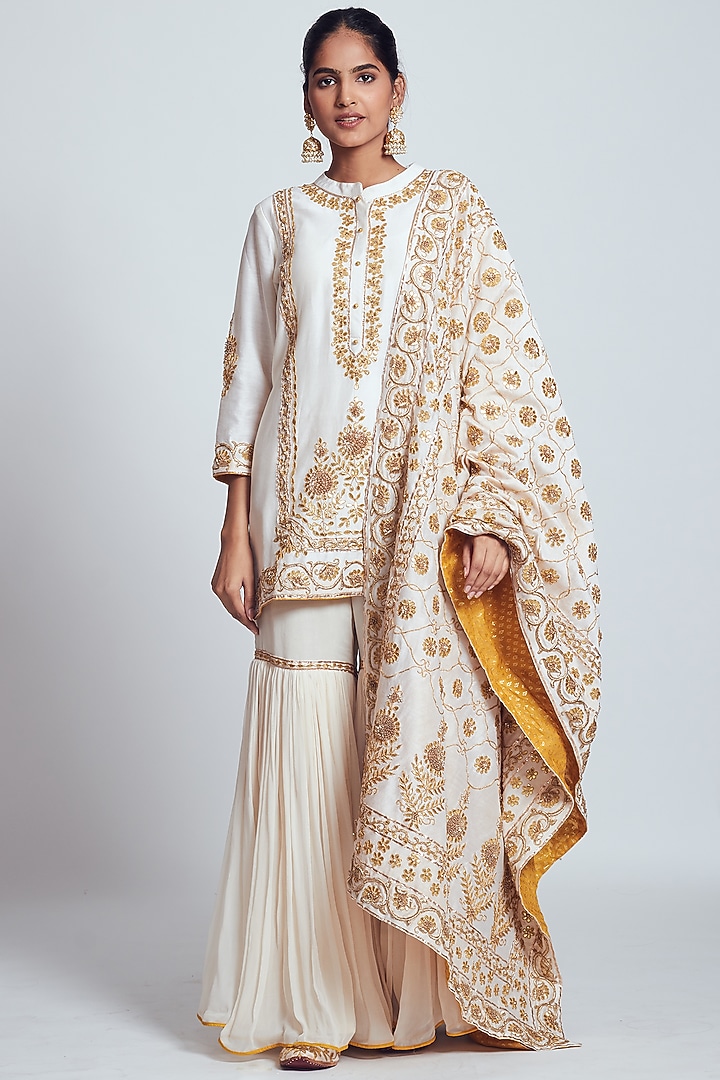 Ivory Chanderi Silk Zardosi Embroidered Gharara Set by Sheetal Batra at Pernia's Pop Up Shop