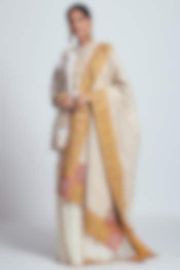 White & Mustard Chanderi Silk & Georgette Zardosi Embroidered Gharara Set by Sheetal Batra at Pernia's Pop Up Shop