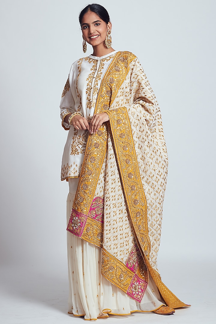 White & Mustard Chanderi Silk & Georgette Zardosi Embroidered Gharara Set by Sheetal Batra at Pernia's Pop Up Shop
