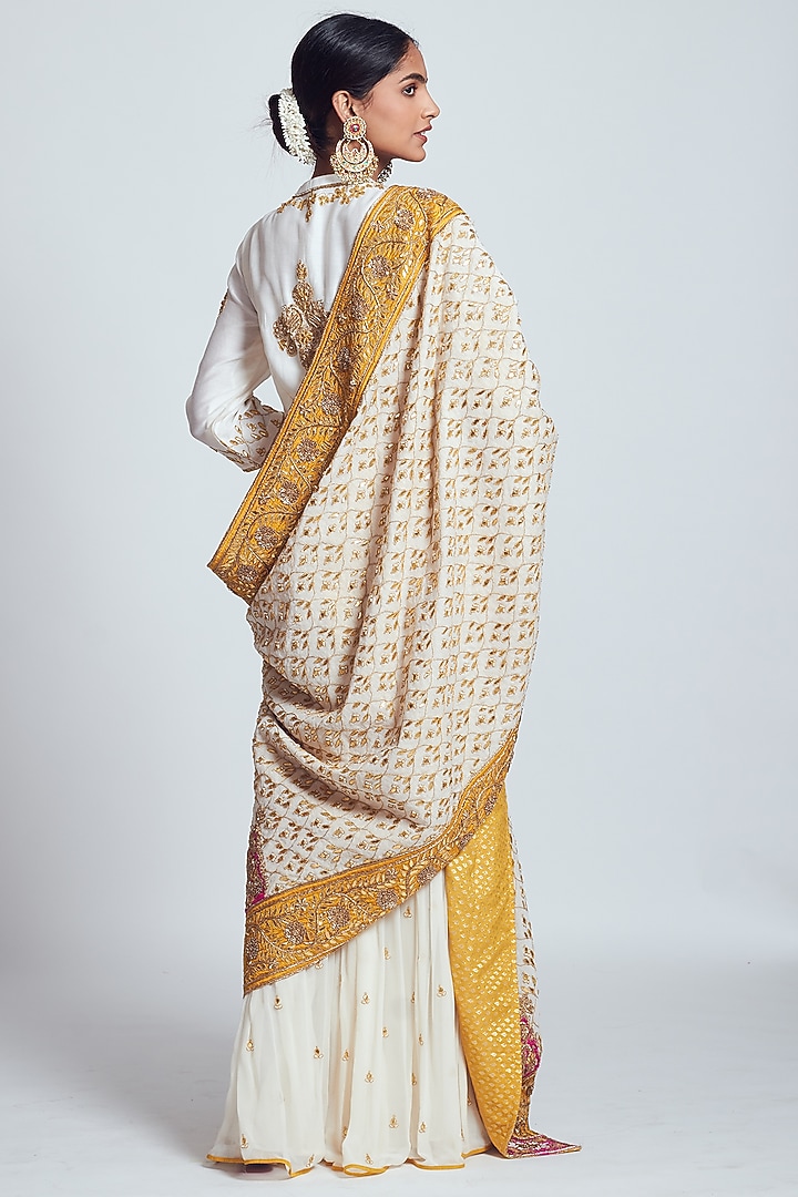 White & Mustard Chanderi Silk & Georgette Zardosi Embroidered Gharara Set by Sheetal Batra at Pernia's Pop Up Shop