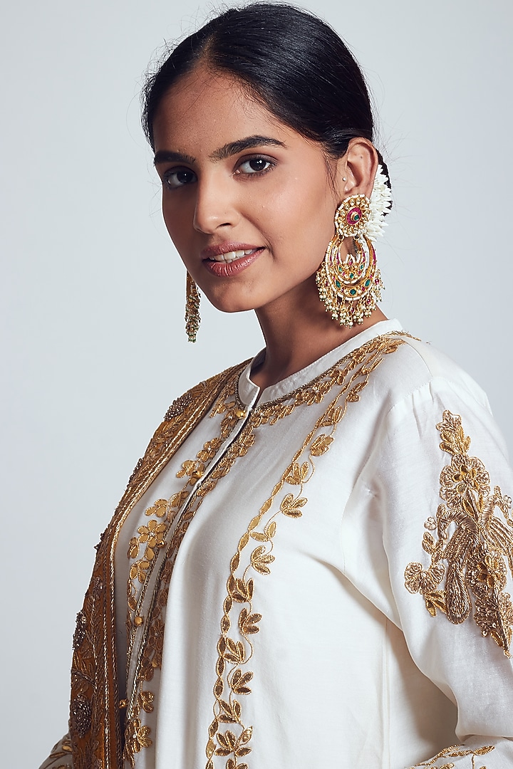 White & Mustard Chanderi Silk & Georgette Zardosi Embroidered Gharara Set by Sheetal Batra at Pernia's Pop Up Shop
