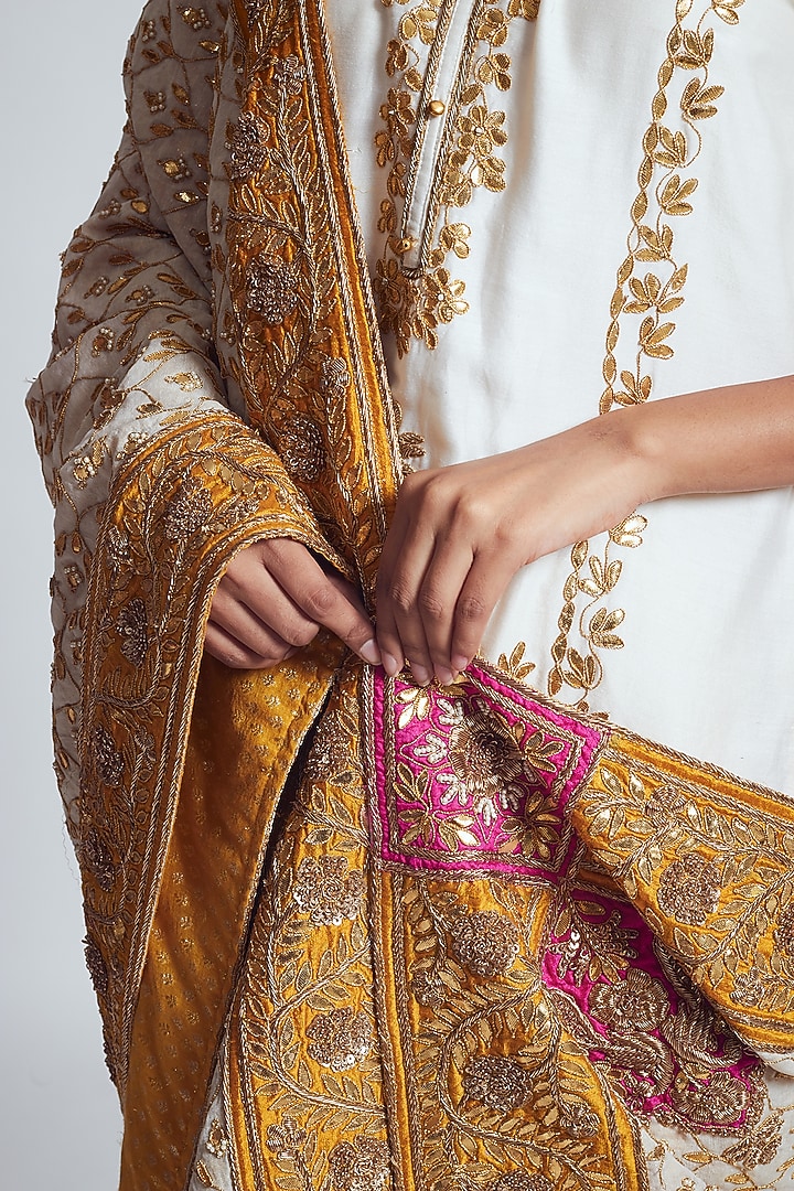 White & Mustard Chanderi Silk & Georgette Zardosi Embroidered Gharara Set by Sheetal Batra at Pernia's Pop Up Shop