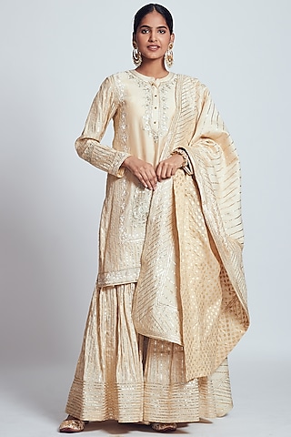 Beige Chanderi Silk Gota Embroidered Gharara Set by Sheetal Batra