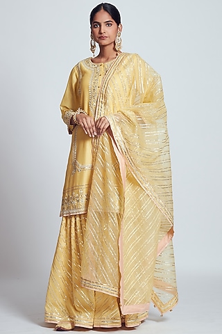 Yellow Chanderi Silk & Organza Gota Embroidered Gharara Set by Sheetal Batra