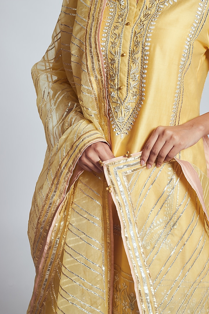 Yellow Chanderi Silk & Organza Gota Embroidered Gharara Set by Sheetal Batra at Pernia's Pop Up Shop
