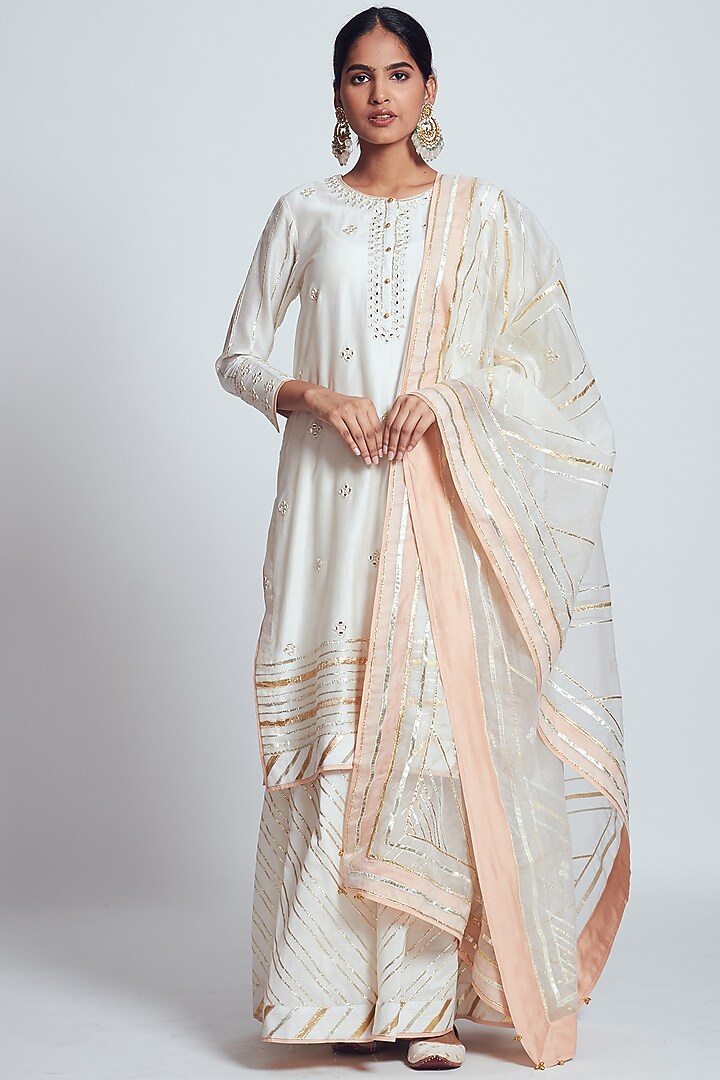 Ivory Chanderi Silk & Organza Gota Embroidered Gharara Set by Sheetal Batra at Pernia's Pop Up Shop