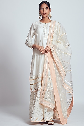 Ivory Chanderi Silk & Organza Gota Embroidered Gharara Set by Sheetal Batra