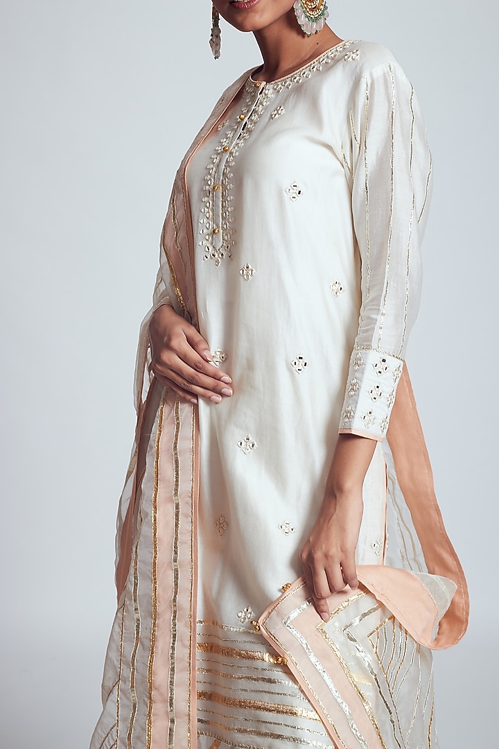Ivory Chanderi Silk & Organza Gota Embroidered Gharara Set by Sheetal Batra at Pernia's Pop Up Shop