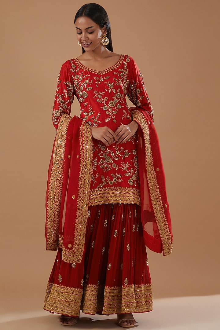 Red Silk Organza Embroidered Gharara Set by Sheetal Batra