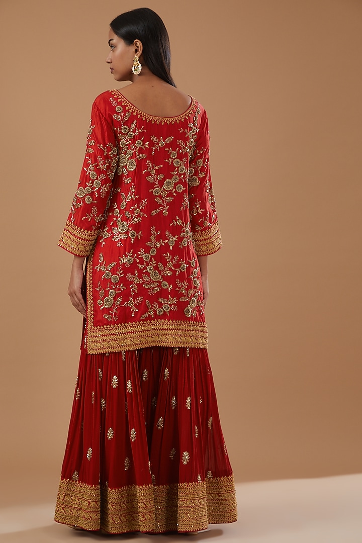 Red Silk Organza Embroidered Gharara Set by Sheetal Batra at Pernia's Pop Up Shop