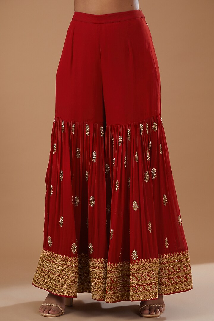 Red Silk Organza Embroidered Gharara Set by Sheetal Batra at Pernia's Pop Up Shop