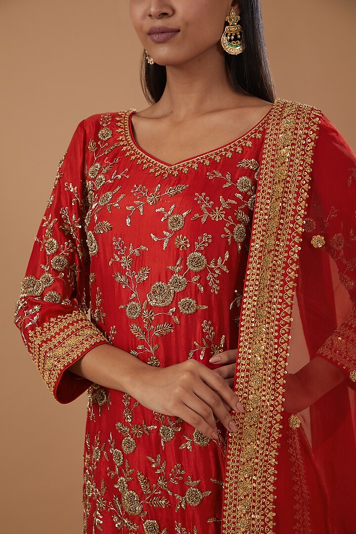 Red Silk Organza Embroidered Gharara Set by Sheetal Batra at Pernia's Pop Up Shop