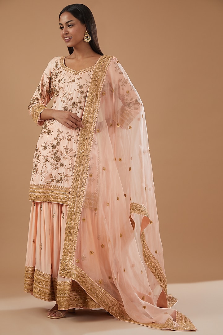 Blush Pink Silk Organza Embroidered Gharara Set by Sheetal Batra