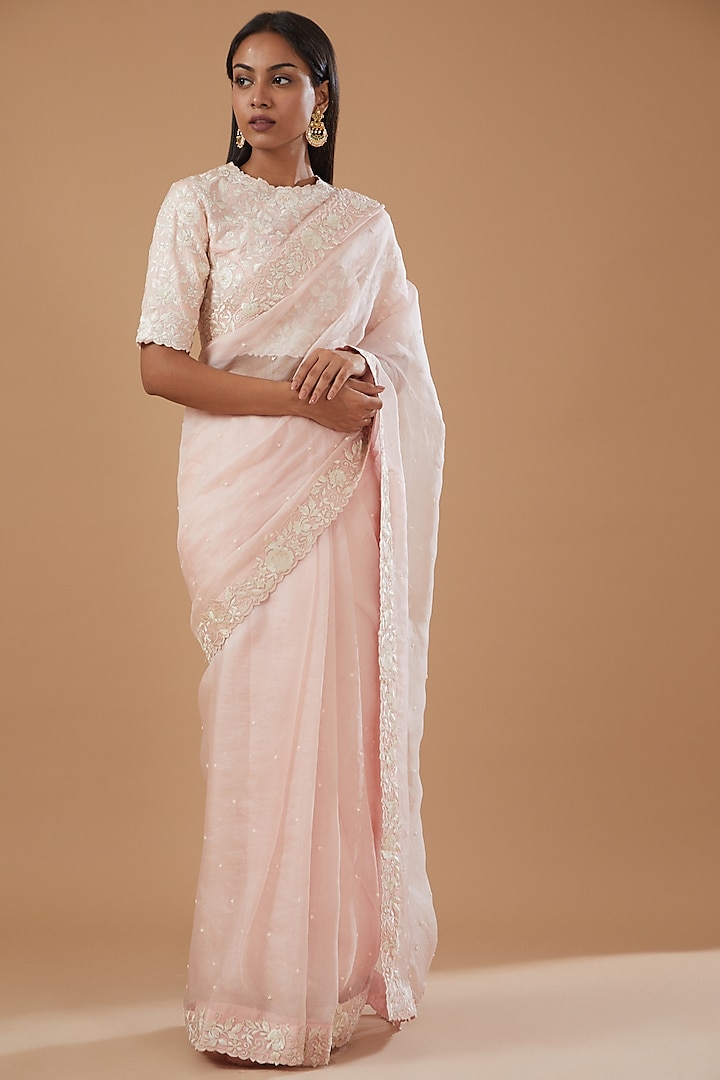 Blush Pink Organza Embroidered Saree Set by Sheetal Batra
