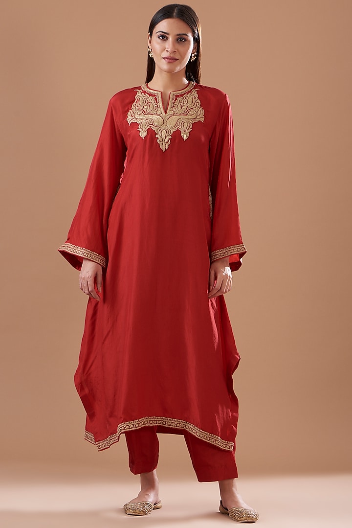 Red Pure Silk Embroidered Kaftan Set by Sheetal Batra