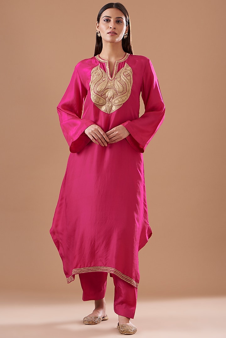 Pink Pure Silk Embroidered Kaftan Set by Sheetal Batra