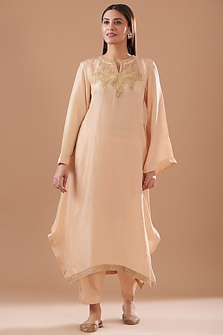 Beige Pure Silk Embroidered Kaftan Set by Sheetal Batra