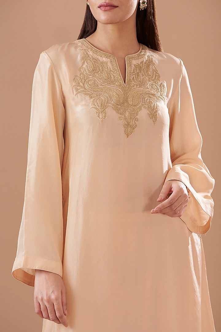 Beige Pure Silk Embroidered Kaftan Set by Sheetal Batra at Pernia's Pop Up Shop
