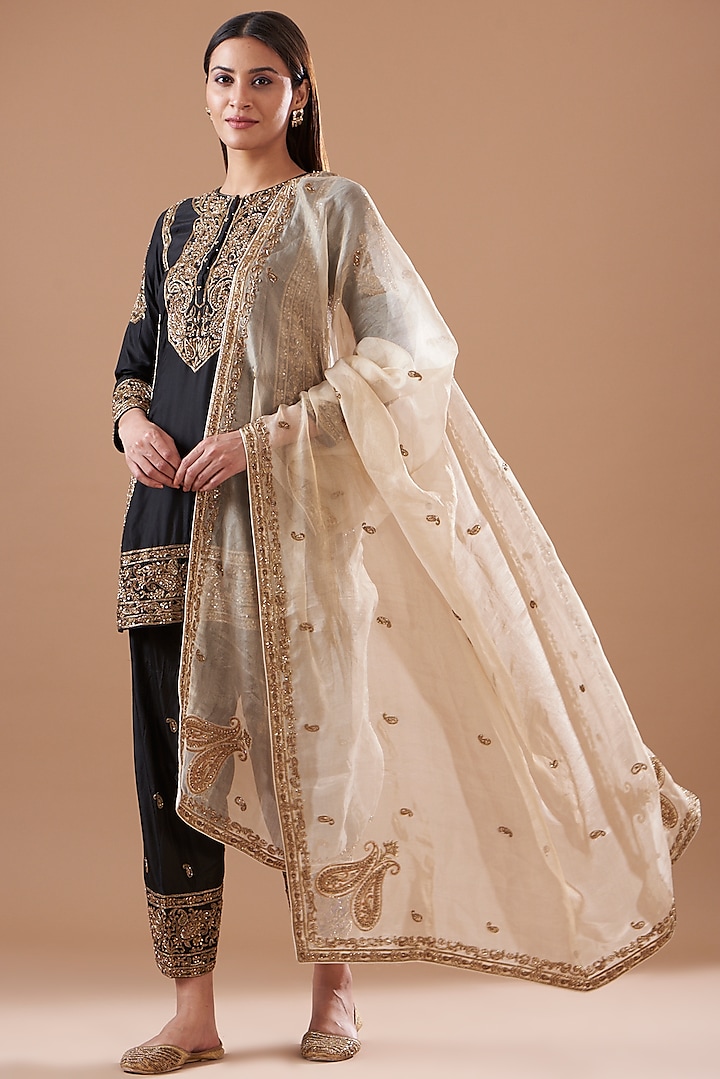 Black Pure Silk Embroidered A-Line Kurta Set by Sheetal Batra