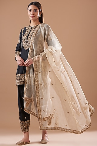 Black Pure Silk Embroidered A-Line Kurta Set by Sheetal Batra