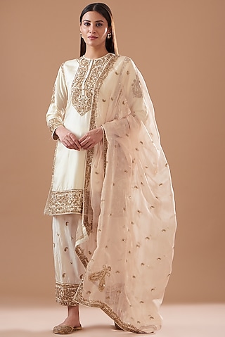 White Pure Silk Embroidered A-Line Kurta Set by Sheetal Batra