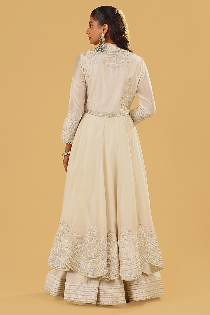 Daisy Ivory Silk Chanderi Parsi Gara Embroidered Angrakha Bridal Anarkali Set by Sheetal Batra at Pernia's Pop Up Shop