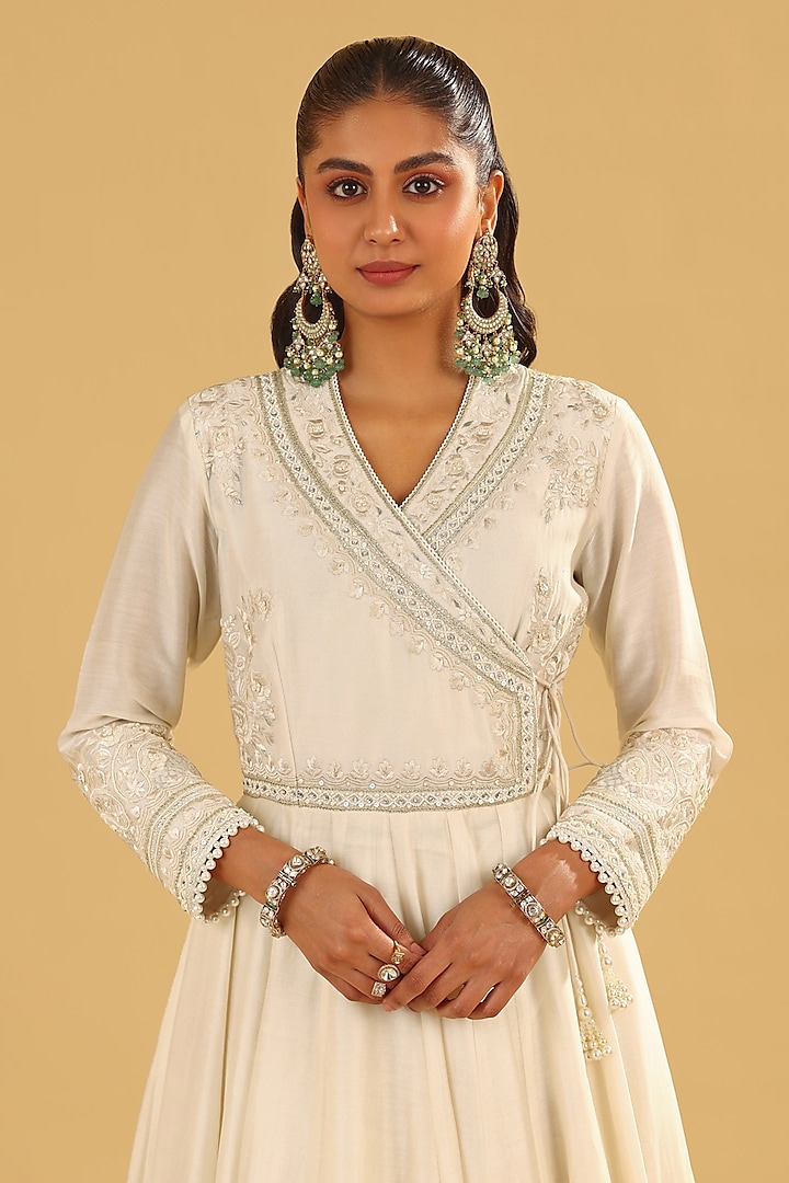 Daisy Ivory Silk Chanderi Parsi Gara Embroidered Angrakha Bridal Anarkali Set by Sheetal Batra at Pernia's Pop Up Shop