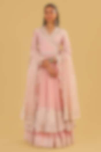 Blush Pink Silk Chanderi Parsi Gara Embroidered Angrakha Bridal Anarkali Set by Sheetal Batra at Pernia's Pop Up Shop