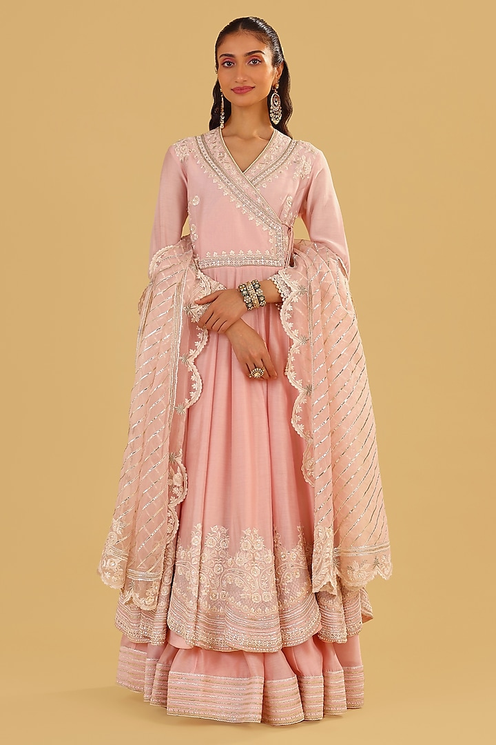 Blush Pink Silk Chanderi Parsi Gara Embroidered Angrakha Bridal Anarkali Set by Sheetal Batra at Pernia's Pop Up Shop