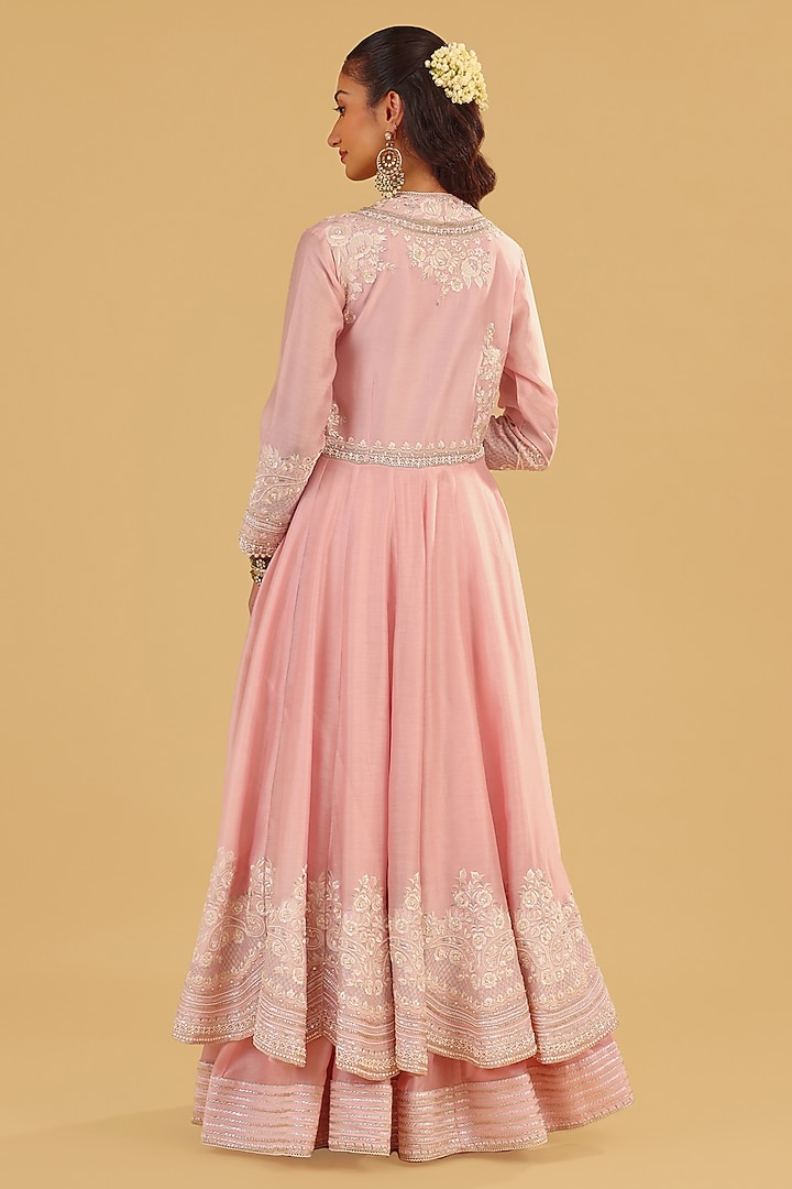 Blush Pink Silk Chanderi Parsi Gara Embroidered Angrakha Bridal Anarkali Set by Sheetal Batra at Pernia's Pop Up Shop
