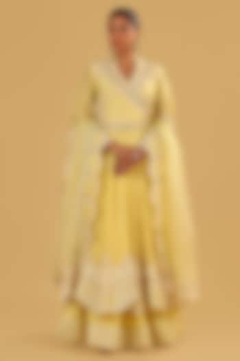 Lemon Yellow Silk Chanderi Parsi Gara Embroidered Angrakha Bridal Anarkali Set by Sheetal Batra at Pernia's Pop Up Shop