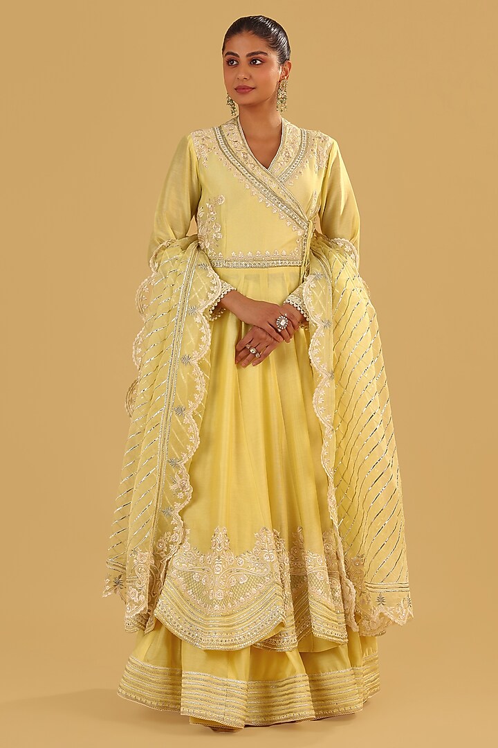 Lemon Yellow Silk Chanderi Parsi Gara Embroidered Angrakha Bridal Anarkali Set by Sheetal Batra at Pernia's Pop Up Shop