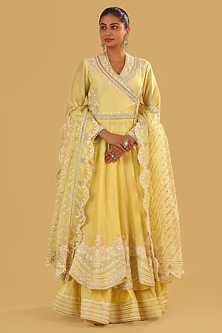 Lemon Yellow Silk Chanderi Parsi Gara Embroidered Angrakha Anarkali Set by Sheetal Batra
