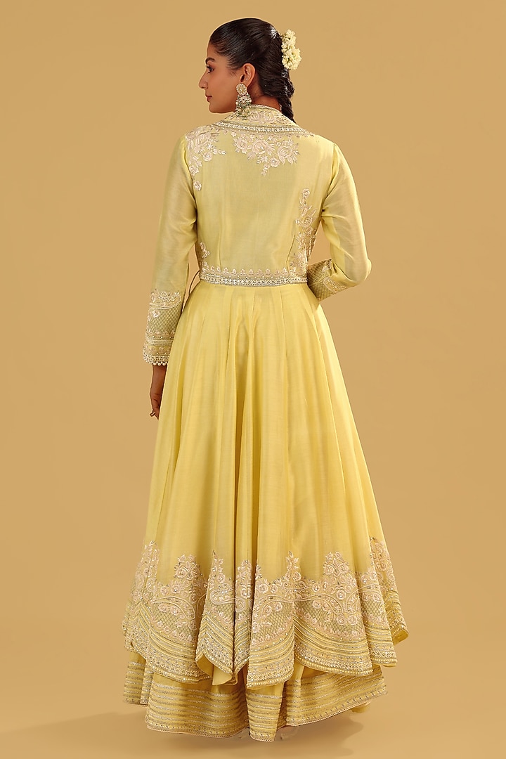 Lemon Yellow Silk Chanderi Parsi Gara Embroidered Angrakha Bridal Anarkali Set by Sheetal Batra at Pernia's Pop Up Shop