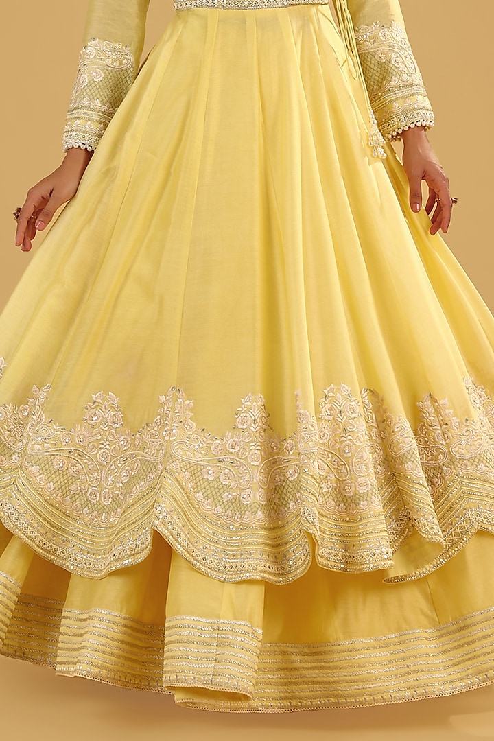 Lemon Yellow Silk Chanderi Parsi Gara Embroidered Angrakha Bridal Anarkali Set by Sheetal Batra at Pernia's Pop Up Shop