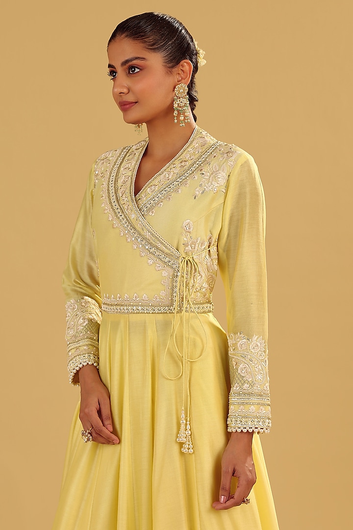Lemon Yellow Silk Chanderi Parsi Gara Embroidered Angrakha Bridal Anarkali Set by Sheetal Batra at Pernia's Pop Up Shop