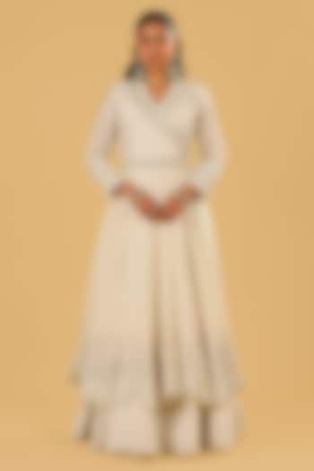 Daisy Ivory Silk Chanderi Parsi Gara Embroidered Angrakha Wedding Anarkali Set by Sheetal Batra at Pernia's Pop Up Shop